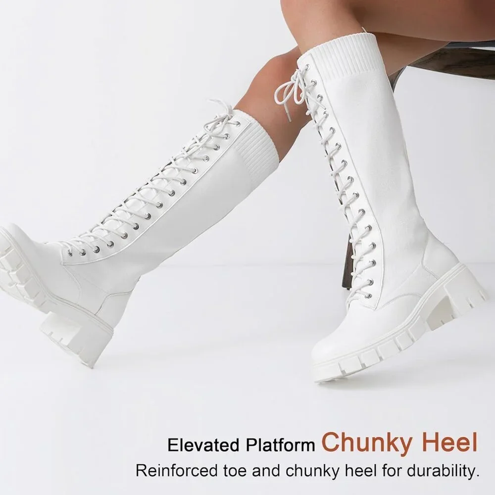 Women's White 953 Chunky Platform Heel Lace Gothic Knee High Combat Boots